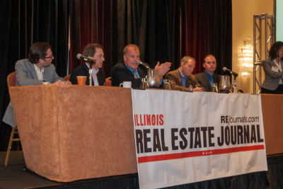 (left to right) Scott Bernstein (National Retrofitting Group), Bob Best (Jones Lang LaSalle), Dale Vanderlaan (Realogic Analytics), Geoff Kasselman (Opt2mize), Jeff Tovar (Tovar Snow Removal) and Melissa Podolsky (Podolsky | Circle, (standing))