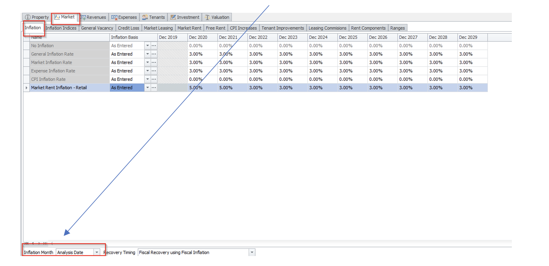 Screen shot of the Market Inflation Table in Argus Enterprise.