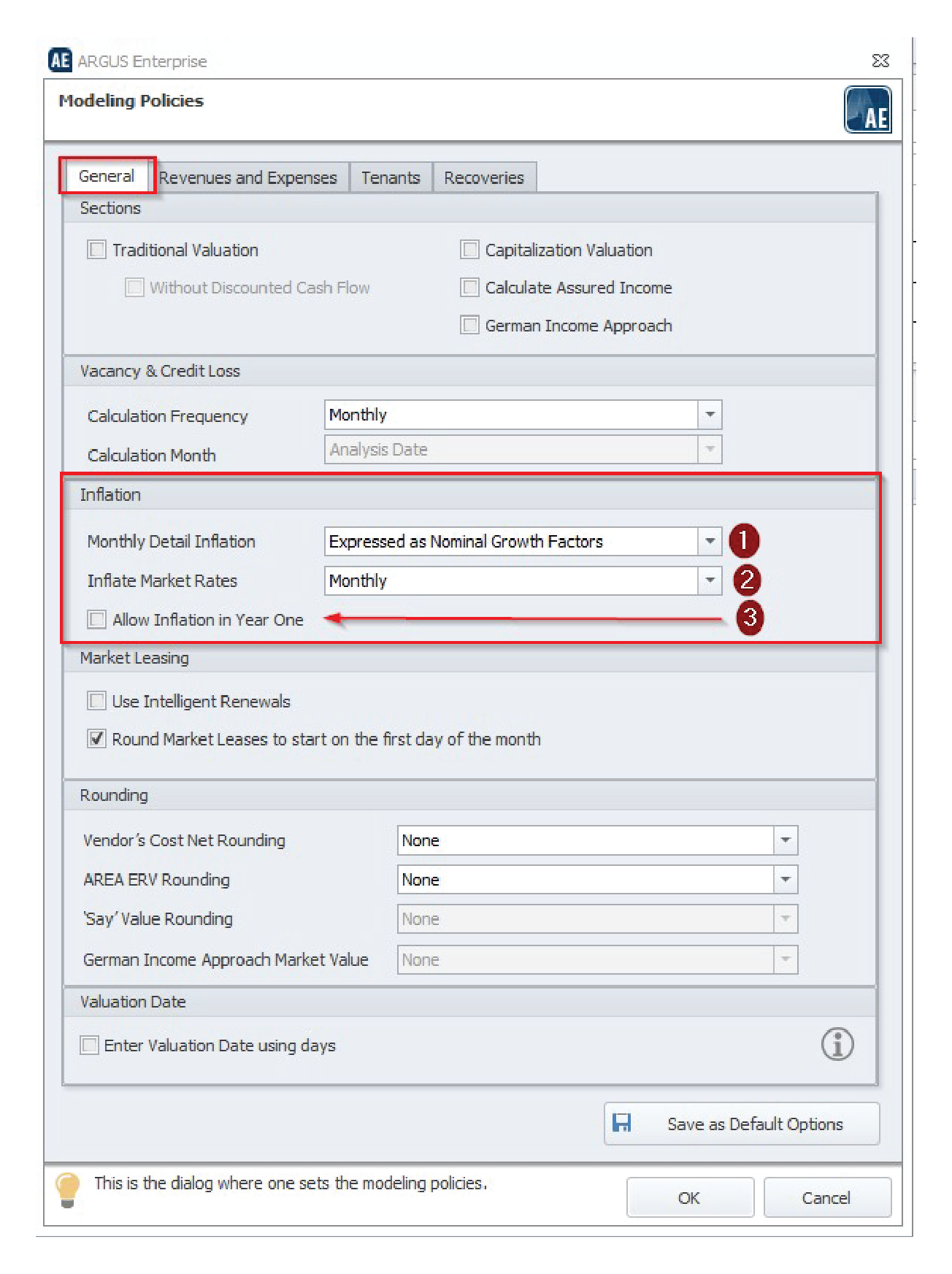 Screen shot of the Modeling Policies tab in Argus Enterprise commercial real estate software.