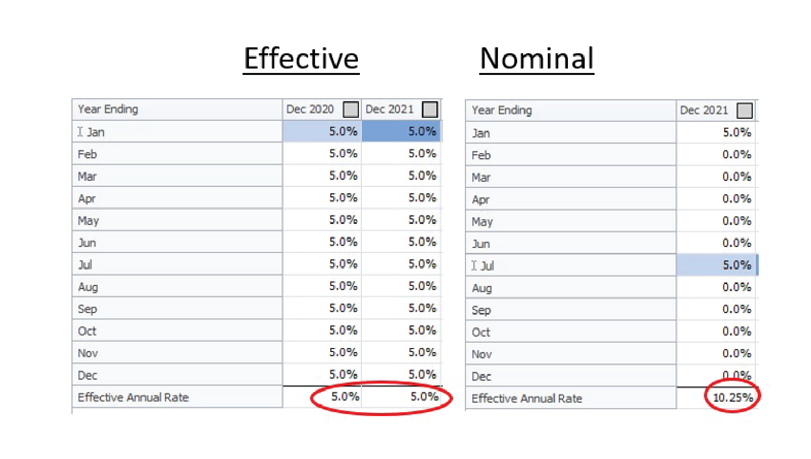 Chart comparing Effective Annual Rate of Inflation versus Nominal Rate of Inflation, as calculated in Argus Enterprise