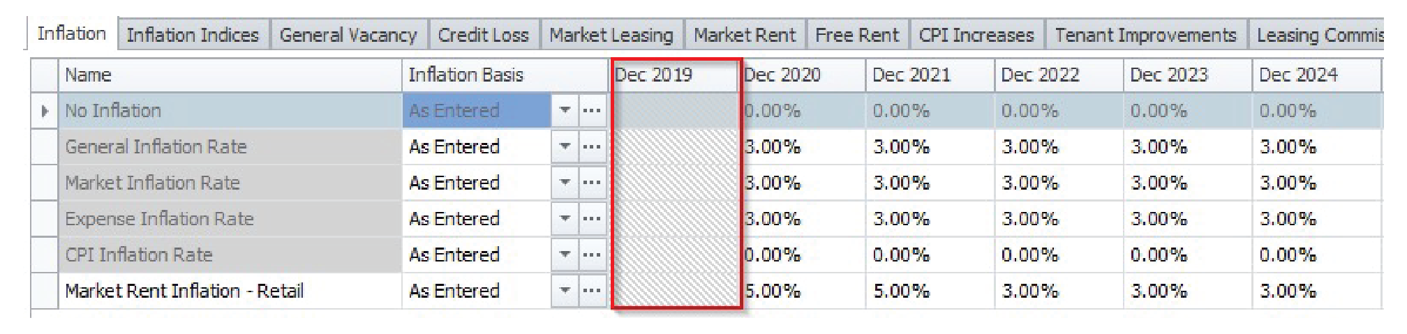 Screen shot showing the Inflation tab within Argus Enterprise, with Allow Inflation Year 1 unchecked.