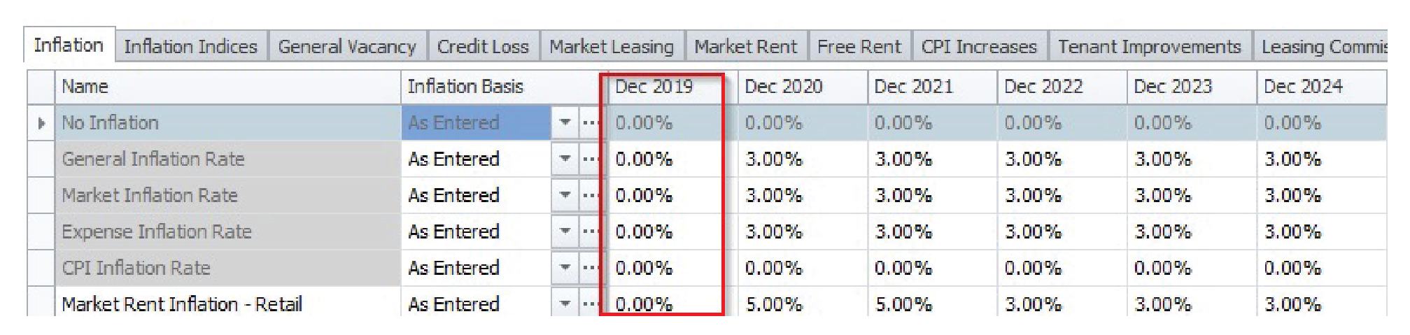  Screen shot showing the Inflation tab within Argus Enterprise, with Allow Inflation Year 1 checked.