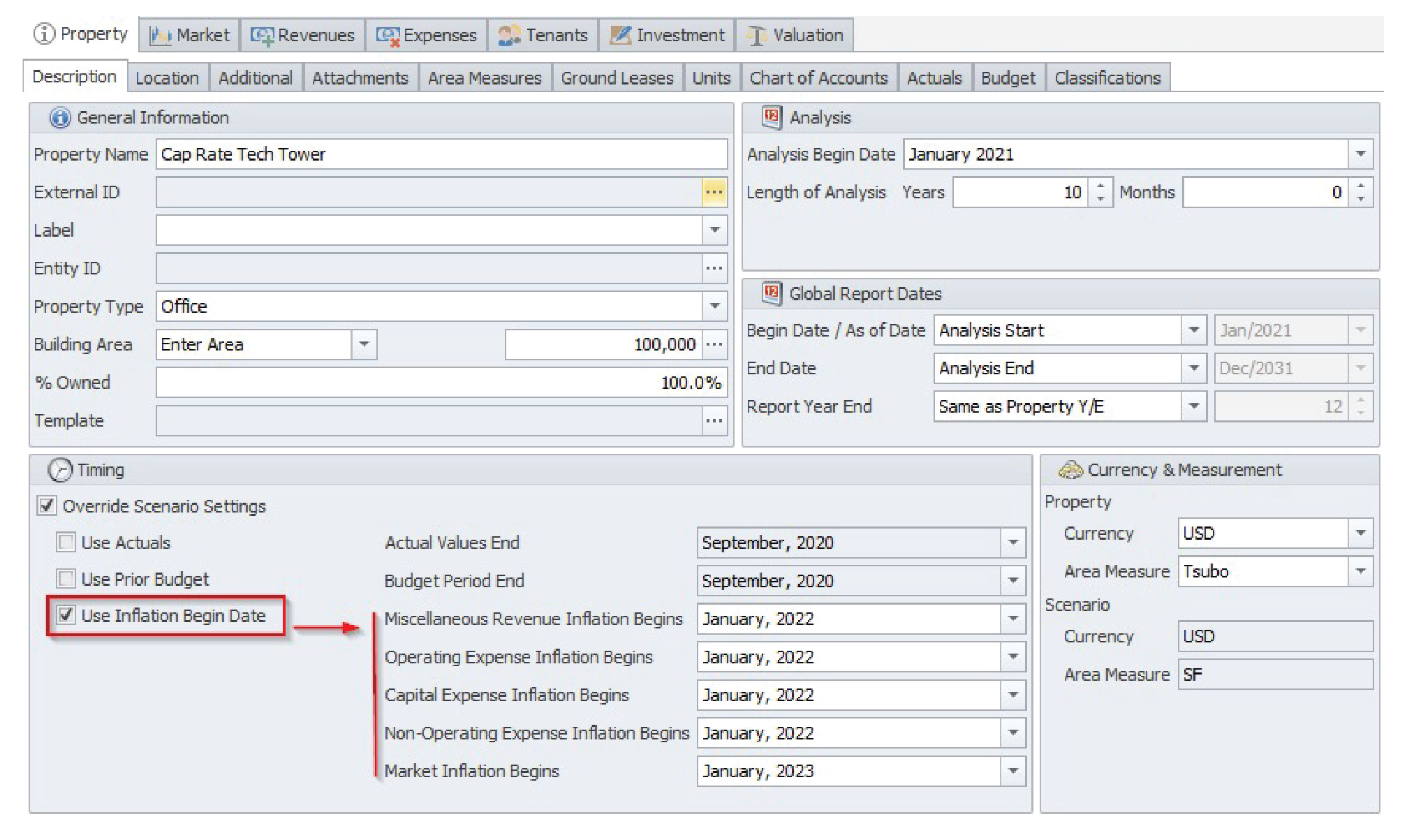 Screen shot showing the Description tab within the Property section in Argus Enterprise software.