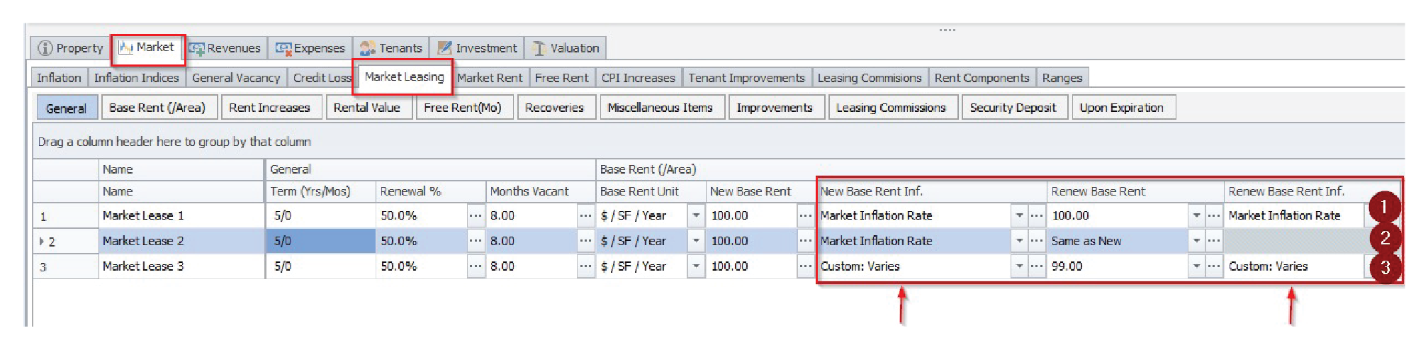 Screen shot of the General tab within the Market Leasing section in Argus Enterprise commercial real estate software.