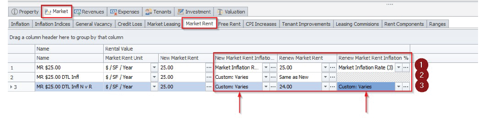 Screen shot of the Market Rent tab under the Market section in Argus Enterprise.