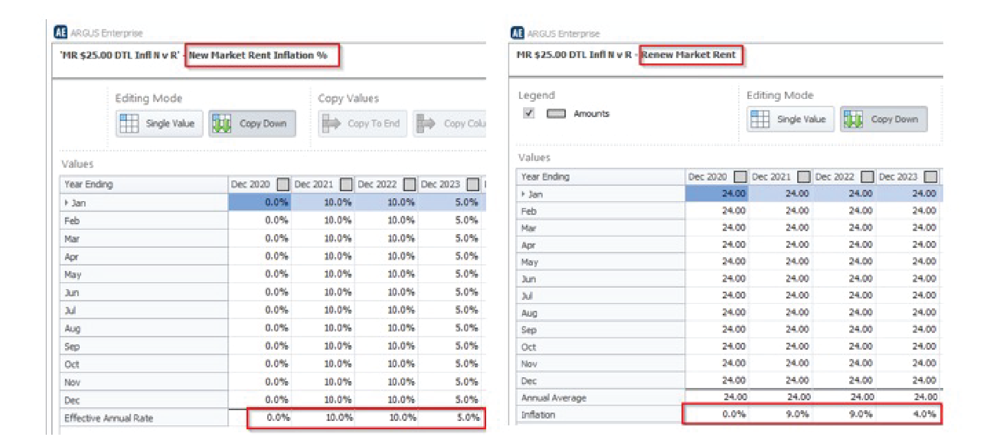 Screen shots showing the New Market Rent Inflation % and Renew Market Rent tabs in Argus Enteprise commercial real estate software.