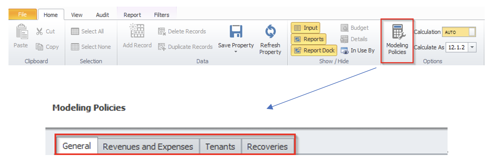 Screen shot of the main menu bar in Argus Enterprise commercial real estate software